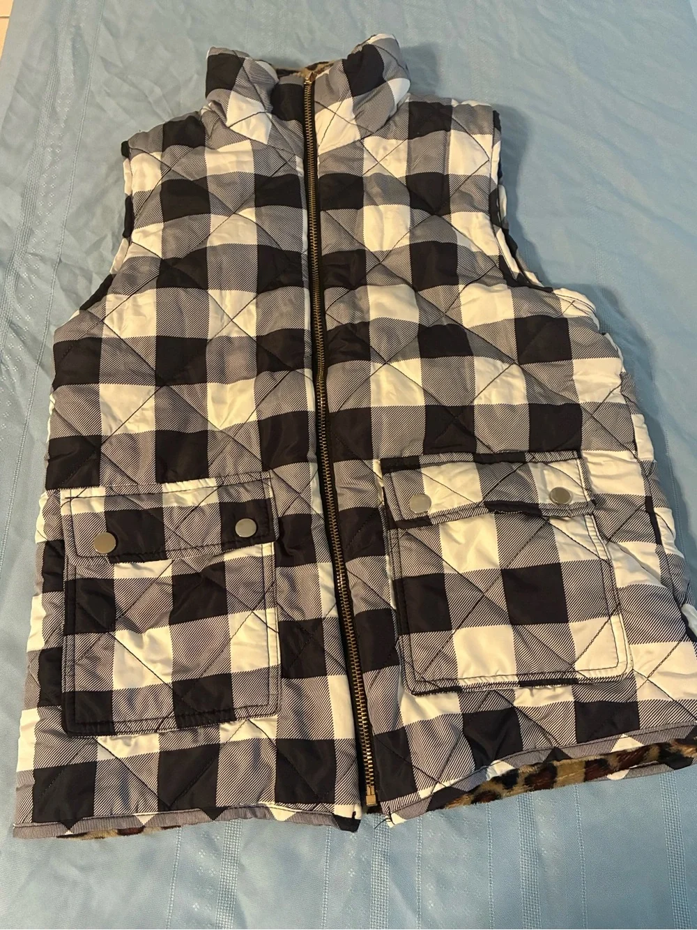 Girl’s Plaid Quilted Vest with Leopard Lining